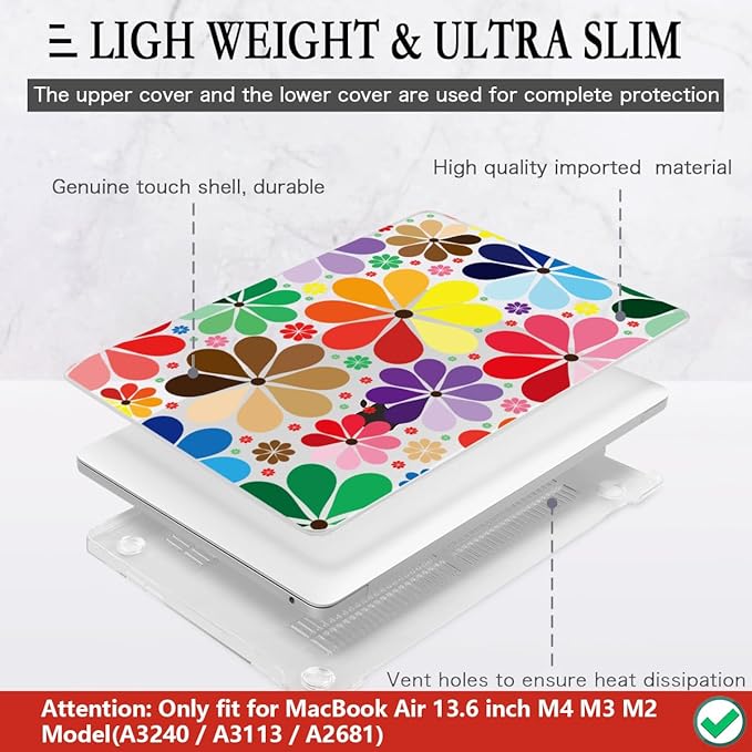 CISSOOK Compatible with MacBook Air 13.6 inch Case 2025 2024 2023 2022 Release A3240 A3113 A2681, Plastic Hard Shell Case Keyboard Cover Set for MacBook Air 13 inch M2 M3 M4, Colorful Floral