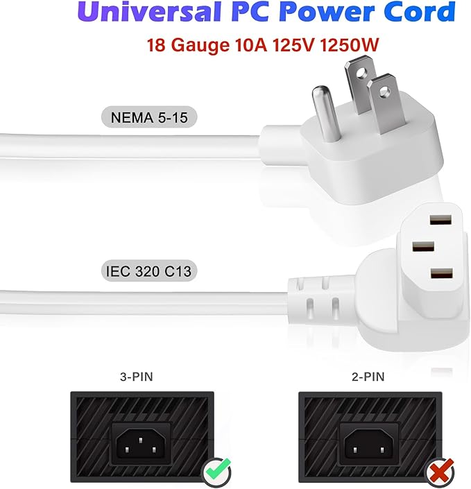Adoreen 15 Ft Computer TV Replacement Power Cord White, Low Profile Flat Plug to 90 Degree Angled L-Shaped 18AWG 3-Prong AC Universal Power Supply Cable for Printer, PC, Monitor TV LCD, ETL+Ties