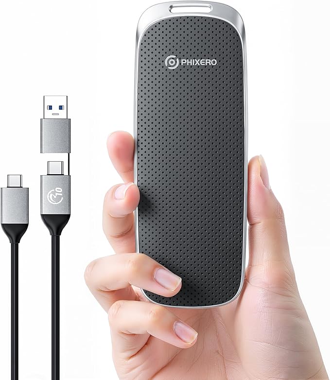 PHIXERO P10PRO External NVMe SSD 2TB, Up to 1050MB/s, USB 3.2 Gen2, Includes 2-in-1 USB C Cable, Portable Hard Drive for iPhone 15+/Android/Windows/Mac, Black