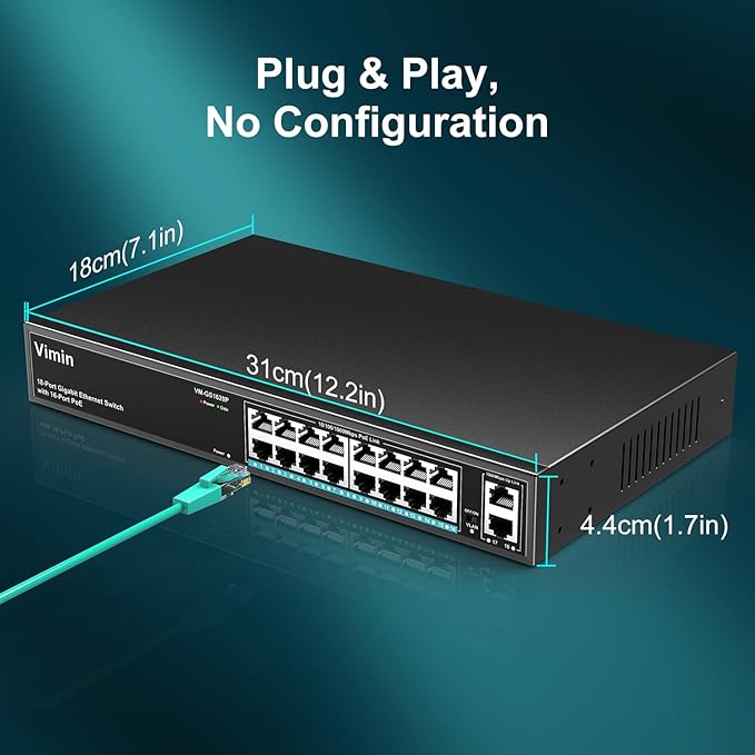 16 Port Gigabit PoE Switch with 2 Uplink Gigabit Ports, VIMIN 18 Port Unmanaged Ethernet PoE Switch with 250W Power, Support IEEE802.3af/at, VLAN, Metal Housing, 19 inch Rack-Mount, Plug & Play