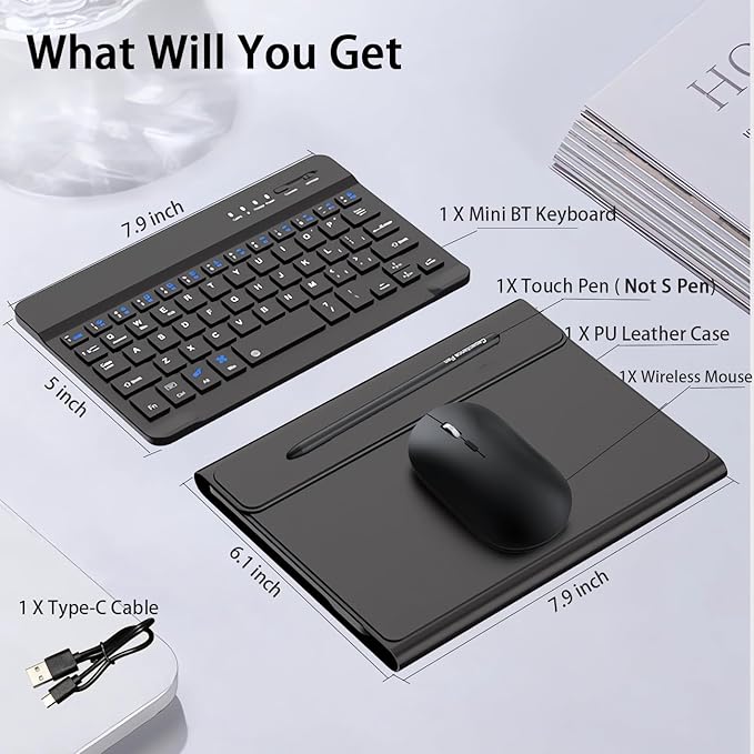 for Samsung Galaxy Z Fold 7 6 5 Keyboard and Mouse, Portable Mini 7.9 inch Bluetooth Keyboard with Leather Stand Case and Pen, 4 in 1 Travel Set for Z Fold7 6 Accessories,Black