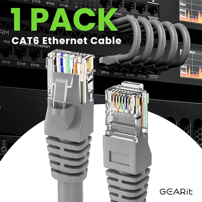 GEARit Cat 6 Ethernet Cable (1-Pack 7 Feet) Cat6 Network Patch, 10Gbps, RJ45, Snagless Cord, Gold-Plated Connectors, Internet for PC, TV, Tablet, Router, Printer, Servers, IT Data Center - Gray