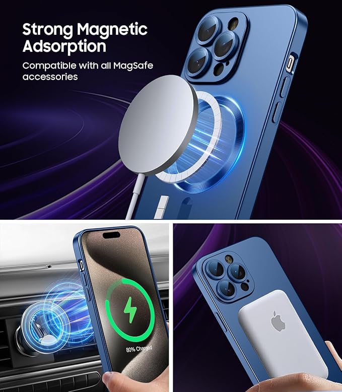 Magnetic for iPhone 15 Pro Case [Compatible with MagSafe][Built-in Camera Lens Protector] Slim Soft Silicone Bumper Shockproof Metallic Shine Phone Case (Blue)