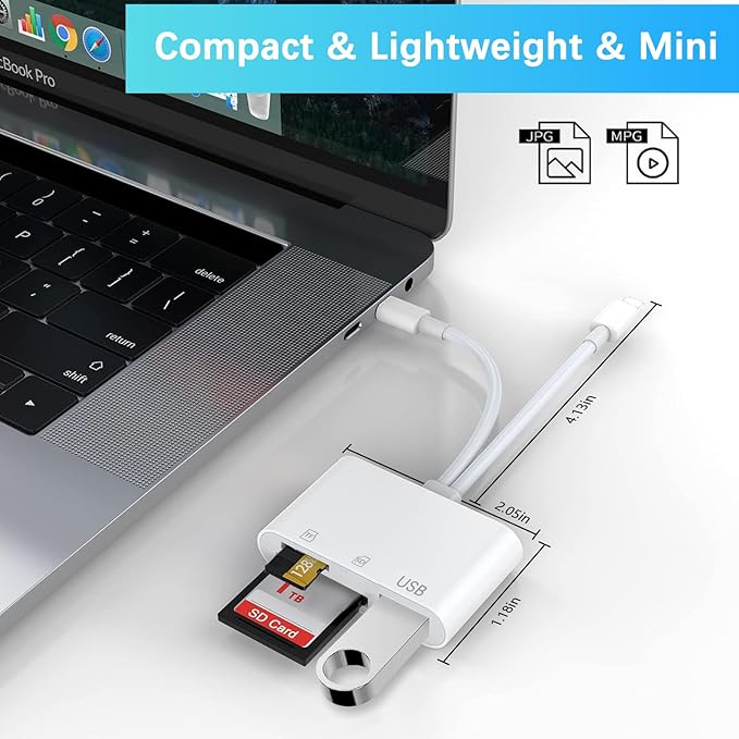 SD Card Reader for iPhone iPad Mac, Lightning & USB-C Dual Connectors Memory Card Reader with SD/Micro SD/USB-A 3 Slots, Digital Camera Adapter to iPhone, Plug & Play