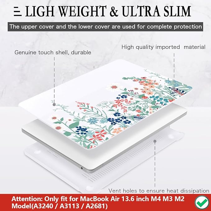 CISSOOK for MacBook Air 13.6 Inch Case 2022 2023 2024 2025 Release Model A2681 A3113 A3240, Matte Frosted Hard Shell Cover with Keyboard Cover for MacBook Air 13.6 M2 M3 M4 - Wildflowers