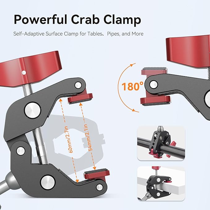 Camera Clamp Mount & 360°Ball Head Magic Arm with Adapter for Go pro, Aluminum Double Ball Head Adapters, Heavy Duty Super Clamp with 1/4"-20 & 3/8"-16 Thread -SJ008