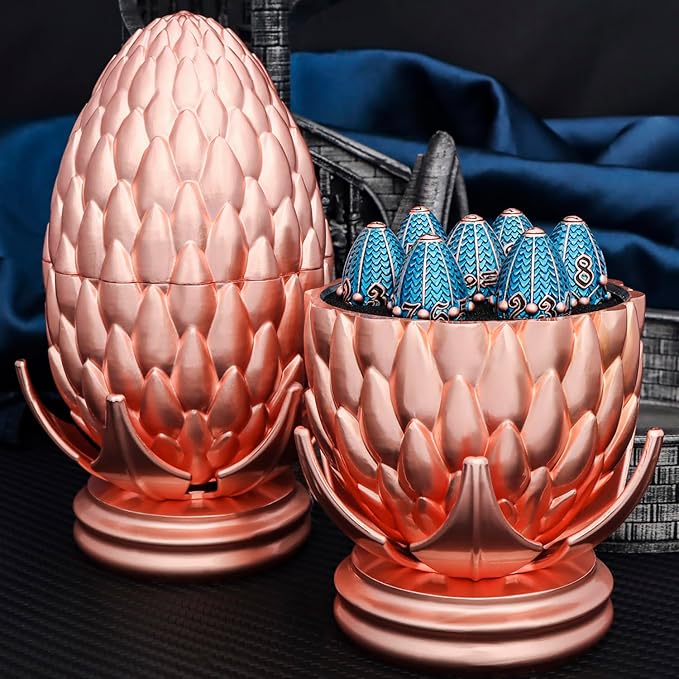ARUOHHA DND Metal Dice Copper Blue Dragon Egg Dice with Rotating Dragon Egg Shell, Role Playing Game RPG Polyhedral D and D Dice Set D20 D12 D10 D8 D6 D4
