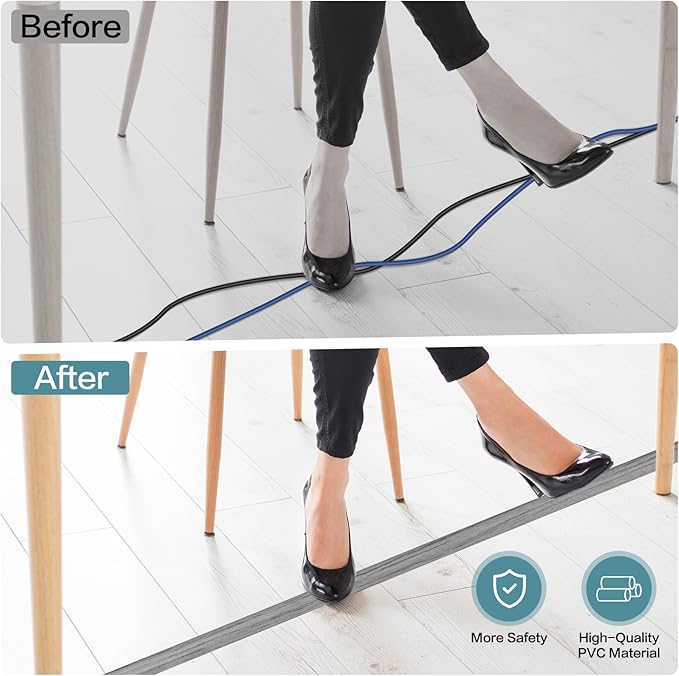 Floor Cord Cover Self Adhesive Cord Hider Floor Extension Cord Covers for Floor Power Cord Protector Cable Management Prevent Cable Trips Cable Cavity 0.59" W x 0.31" H (Light Grey Wood, 10Ft)