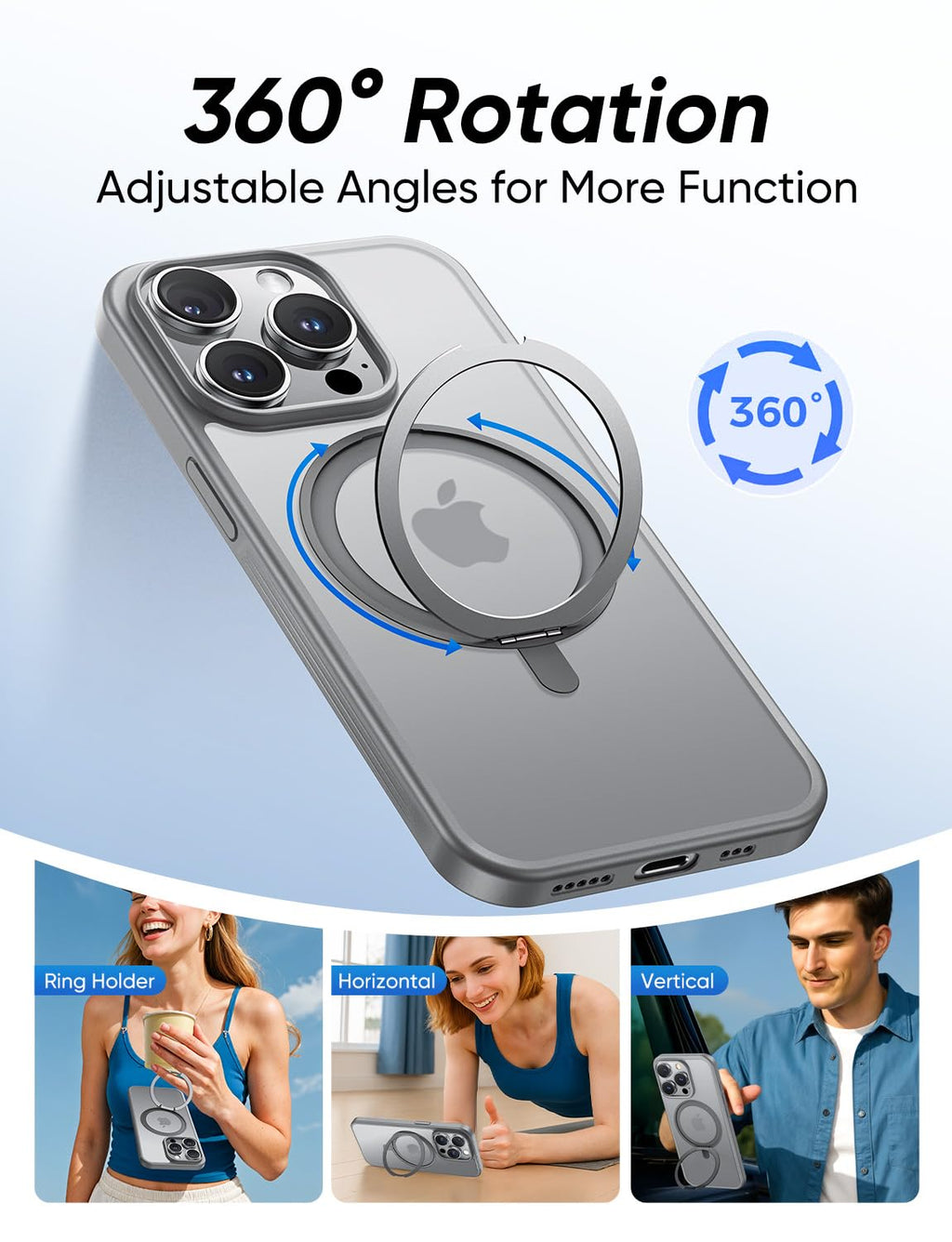 MAGIC JOHN 360° Rotatable Magnetic Invisible Stand for iPhone 15 Pro Case [Camera Control Button] [Compatible with MagSafe] 16FT Shockproof for iPhone 15 Pro Case with Kickstand, Gray