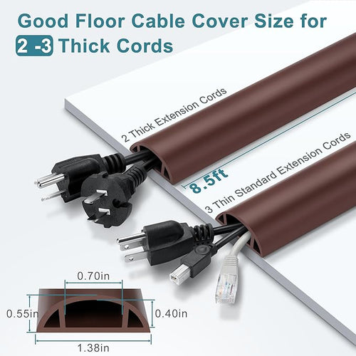 8.5FT Cord Covers - Brown Floor Cable Cover, Flexible Extension Cord Cover for Wires, Wire Cover Channel Diameter: 0.7" (W) x 0.4" (H)