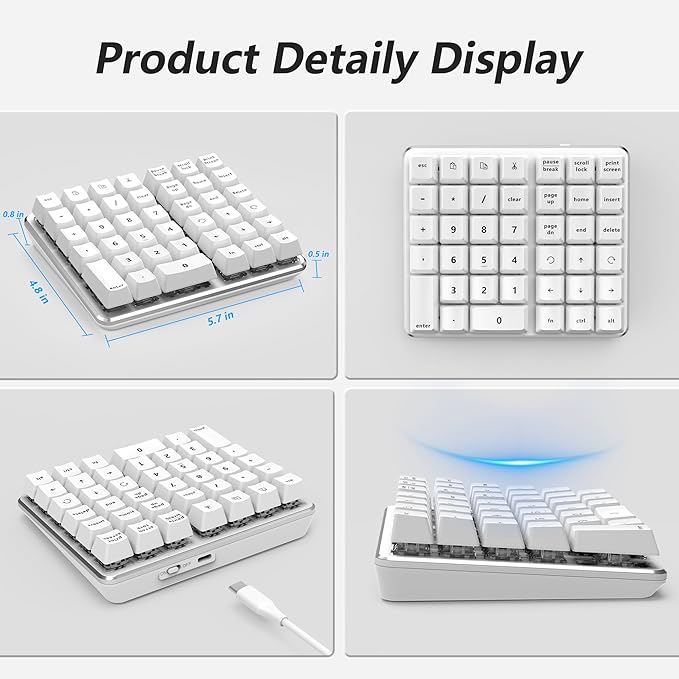Left-Handed Mechanical Numeric Keypad, Hot-Swap LED Backlit Number Pad, Dual Mode USB C Keyboard, Expanded into a Left-Handed Keyboard (White)