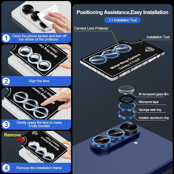 Avocase for Samsung Galaxy Z Fold 7 Camera Lens Protector, Individual Metal Ring Tempered Glass Lens Cover, [Strong Adsorption] Scratch Resistant Ultra-Thin HD Clear Lens Cover, 1 Set-Blue Shadow