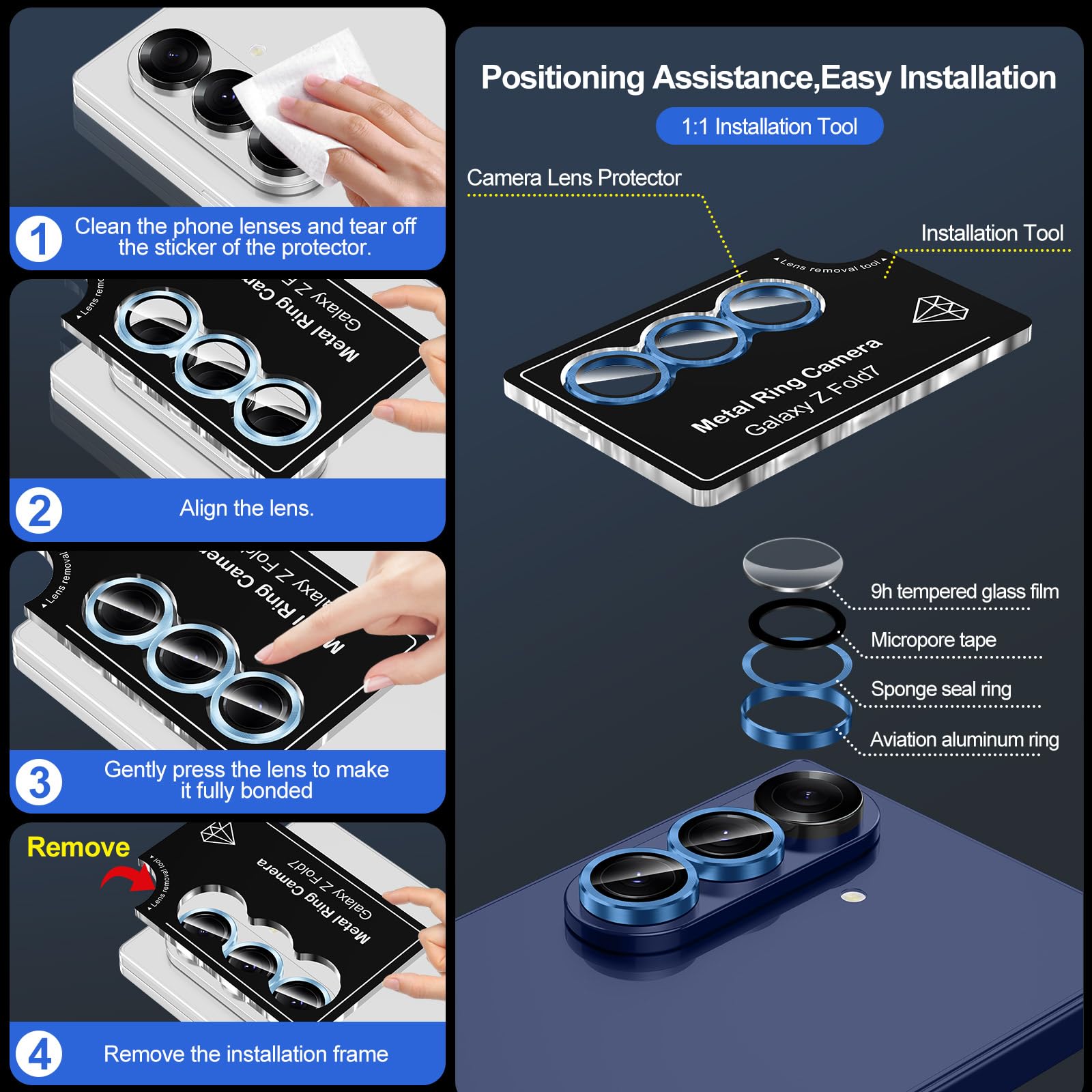 Avocase for Samsung Galaxy Z Fold 7 Camera Lens Protector, Individual Metal Ring Tempered Glass Lens Cover, [Strong Adsorption] Scratch Resistant Ultra-Thin HD Clear Lens Cover, 1 Set-Deep Blue