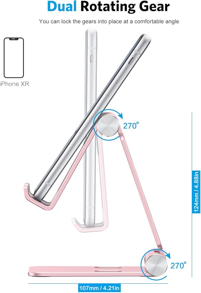 OMOTON Foldable Cell Phone Stand, C4 Portable Aluminum Phone Holder, Adjustable Phone Dock Cradle Compatible with iPhone 16/15/14/13 Pro Max, Samsung Galaxy, Small Tablets, All Smart Phones, Rose Gold