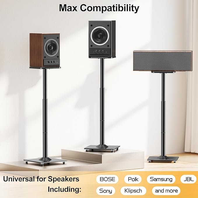 ELIVED Universal Speaker Stands Height Adjustable 28"-37.4", Bookshelf Speaker Stand Pair for Satellite Studio Large Speakers Up to 22 lbs, Surround Sound Speaker Stand with Cable Management, Black