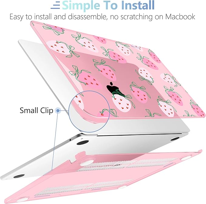 MEEgoodo for M4/M3/M2 MacBook Air 15.3 inch Case 2025 2024 2023, Case Fit Model (A3241/A3114/A2941) for MacBook Air 15 inch, Laptop Hard Shell with Keyboard Cover, Strawberry & Bow