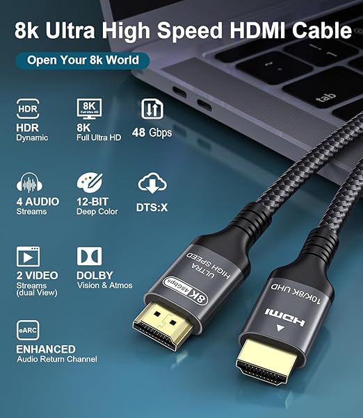 Certified 10K 8K HDMI 2.1 Cable 20 FT, 48Gbps Ultra High Speed HDMI Cable with Ethernet 4K 240Hz 165Hz 144Hz 120Hz 8K60Hz eARC HDCP2.3 HDR10+ PC Laptop TV Monitor Projector