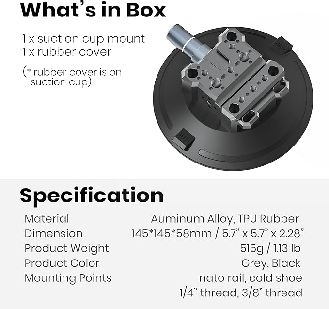6" Suction Cup Camera Mount – Ultimate Car Camera Mount with Cold Shoe, NATO Rail, and Threaded Holes for Cameras, Action Cameras, Phones (6")