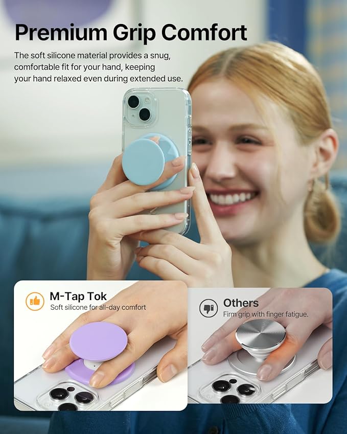 Sinjimoru for MagSafe Phone Grip, Soft Silicone Magnetic Finger Grip for iPhone 16/15/14/13/12, Comfortable One-Touch Holding, M-Tap Tok Blue