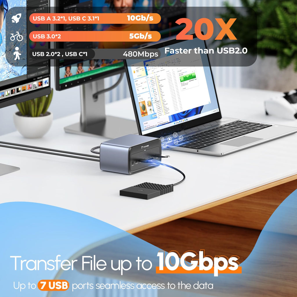 TobenONE Docking Station 3 Monitors, Triple Monitor Docking Station with Single 8K USB-C Video, Dual 4K HDMI, 10Gbps USB A/C, PD 3.0, 100W Power Supply, USB C Dock for Windows/ChromeOS, Dell, HP, ASUS