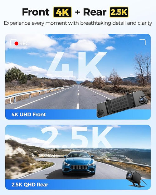 AZDOME PG17 Max 4K+2.5K Mirror Dash Cam, 12" Front and Rear Camera with Night Vision AR Effects, ADAS BSD & LCA, Voice Control, 5.8GHz WiFi GPS, 24H Parking Monitor, for Cars Trucks RVs, 64GB Card