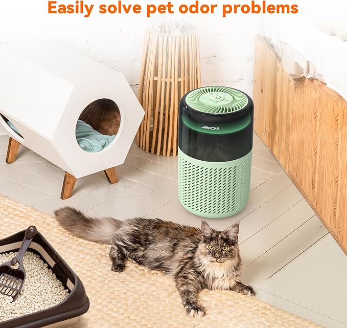 AIRROMI Air Purifier for Bedroom Home,HEPA Filter,Covers Upto 549 Ft²,Quiet 360°intake Air Cleaner with Fragrance ponge for Better Sleep,Night Light,Filters Smoke,Pet Dander,Allergies,Dust,A2005 Green