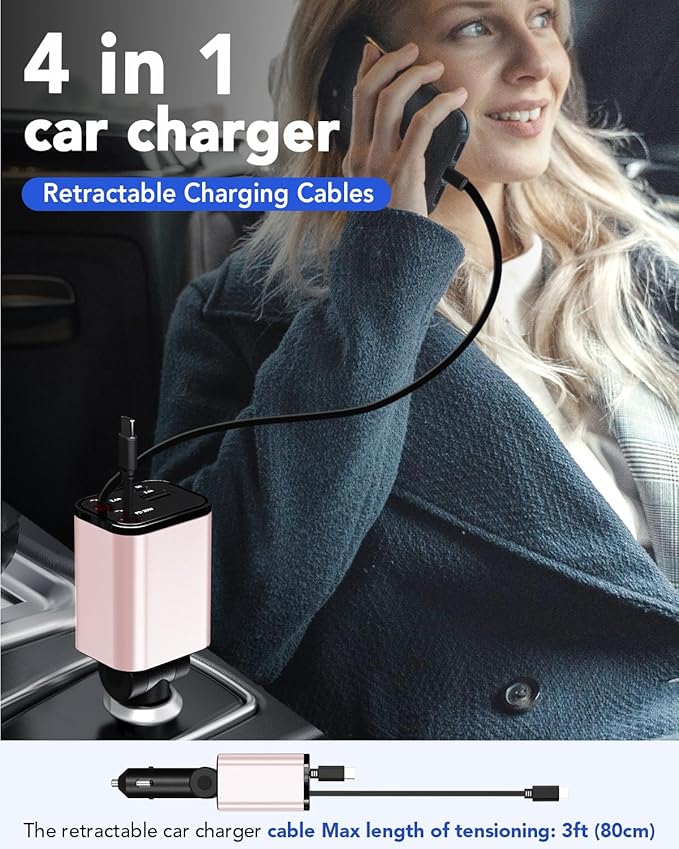 84W Retractable Car Charger,Car Phone Charger USB C Fast Charge for iPhone