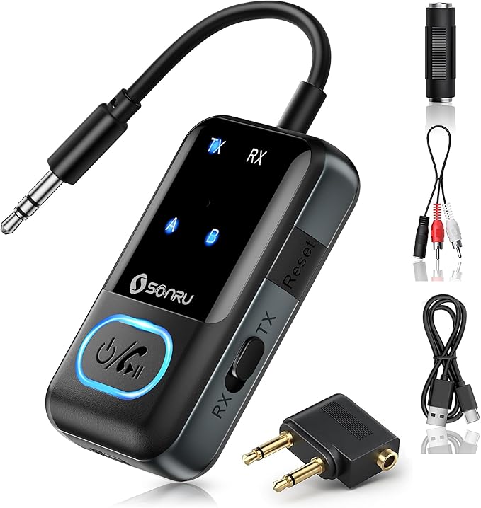 SONRU Bluetooth 5.3 Transmitter Adapter for Airplane 2-in-1 Wireless Bluetooth Audio Transmitter Receiver for 3.5mm Aux Jacks on Flight/TV/Gym Equipment, for up to 2 Wireless Headphones, Cell Phones