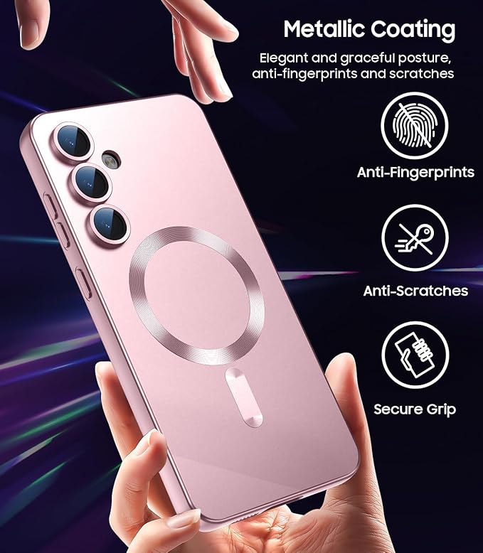 Magnetic for Samsung Galaxy S25 Case [Compatible with MagSafe][Built-in Camera Lens Protector] Slim Soft Silicone Bumper Shockproof Metallic Luster Phone Case (Rose Gold)