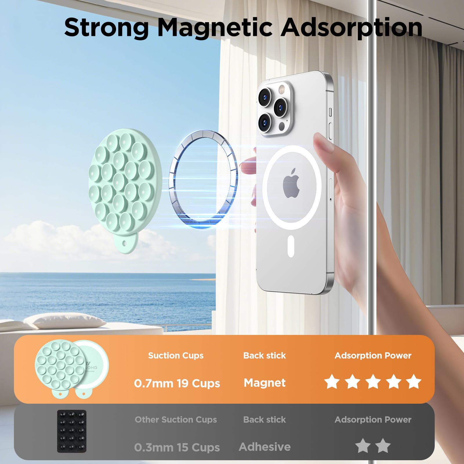 HSAOHD Magnetic Suction Cup Phone Mount, Compatible with MagSafe, Silicone Octo Cup Buddy Sticky Grip Holder for iPhone and Android, Removable Hands-Free Selfie/Video for TikTok, Mint Green