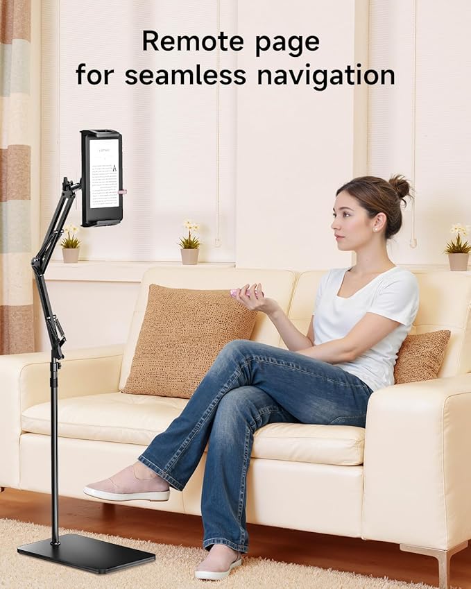 Floor Stand for Kindle with Remote Page Turner, Holder Stand for Reading in Bed with Clicker – for Kindle Paperwhite, Oasis,Tablet, iPhone and More 4.7-11 inch,Pink Remote