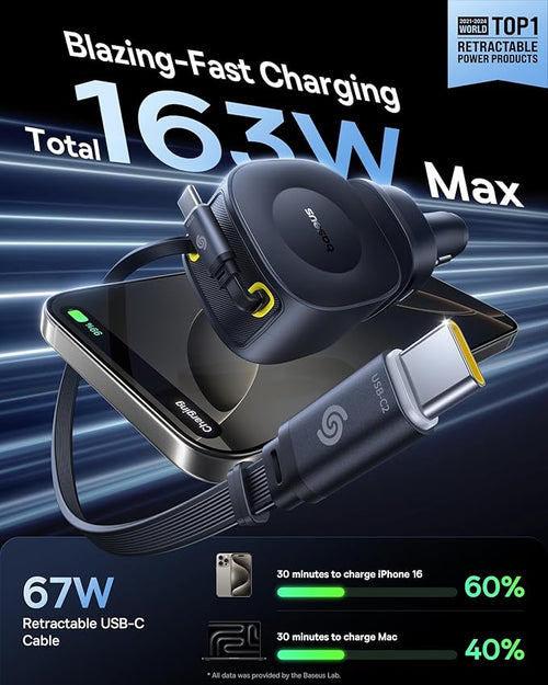 Baseus 163W Retractable Car Charger USB C Fast Charging, PrimeTrip VR2 Max 4 in 1 Fast Car Charger with Dual Retractable USB C Cable for iPhone 17 16 15 Pro Max, Samsung Galaxy S25 Ultra, Android