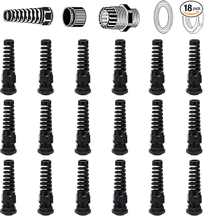 18 Pcs Waterproof Cable Gland,PG13.5(NPT 1/2) Thread(6-12mm), Made of PA66 Material,waterproof wire grommet Strain Relief Cord Connectors,Suitable for Various Electrical Installations