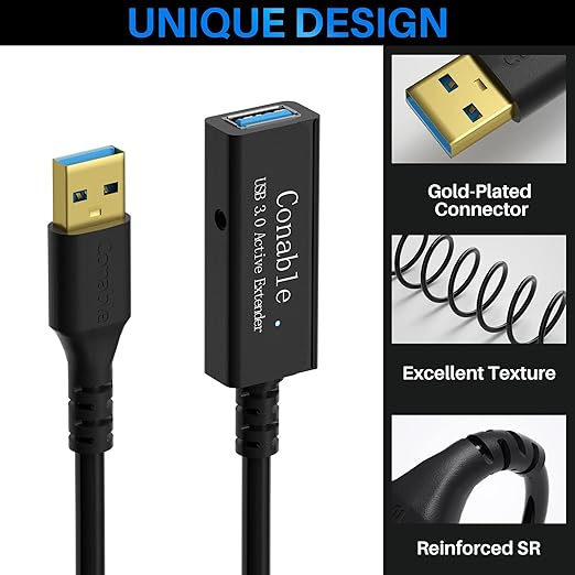 USB 3.0 Active Extension Cable 75 Feet, Long USB Type-A Male to Female Extender Cord, Built-in 3 Signal Booster Smart Chips, 5Gbps Transfer, Black USB Extension Cable with an AC Power Adapter (5V 2A)