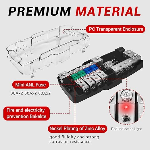 Fused Power Distribution Block Car Audio 4 Way MIDI(Mini-ANL) 12V Fuse Block with Red LED Indicator, 0/4 Gauge Input 4/8 Gauge Output for Auto Marine UTV