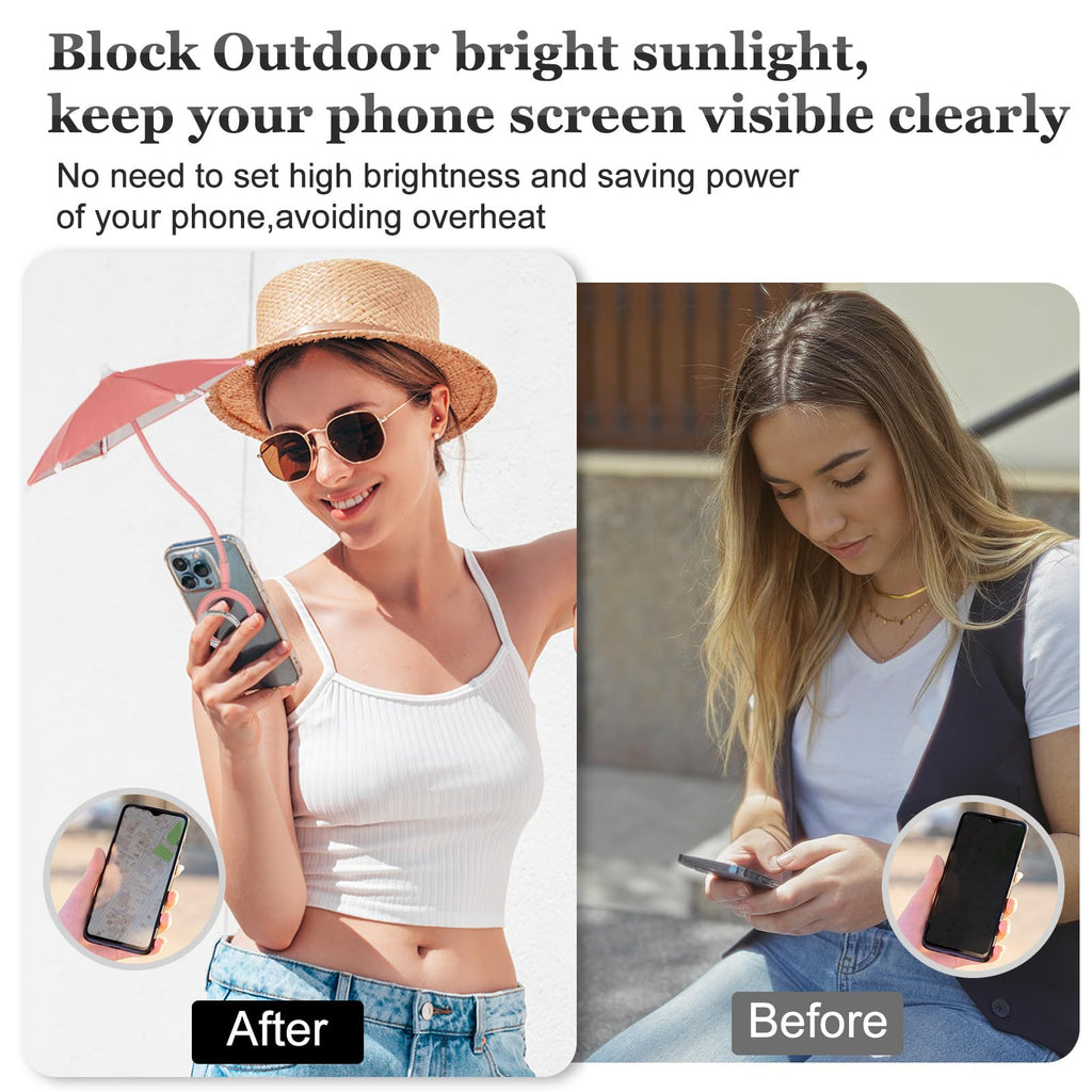 Magnetic Umbrella Phone Stand for Sun Protection,Adjustable Sun Shade Shield for iPhone 16/15/14/13/12 Pro Max,Samsung & Google,Detachable Ring Stand,Heat-Resistant Design,Car Mount Compatible, Pink