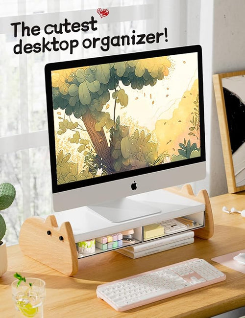 AFOOYO Monitor Stand Riser,Wooden & MDF Computer Desktop Stand with Acrylic Drawer,Laptop Stand Riser Holder,Table Holder Desk Organizer Storage Stand for Laptop,Printer,TV,15.7 inch,Cute Cat