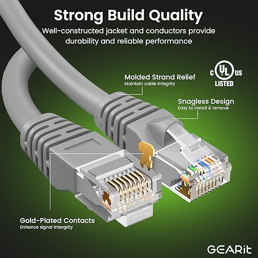 GearIT Cat 6 Ethernet Cable (20-Pack 5 Feet) Cat6 Network Patch, 10Gbps, RJ45, Snagless Cord, Gold-Plated Connectors, Internet for PC, TV, Tablet, Router, Printer, Servers, IT Data Center - Gray