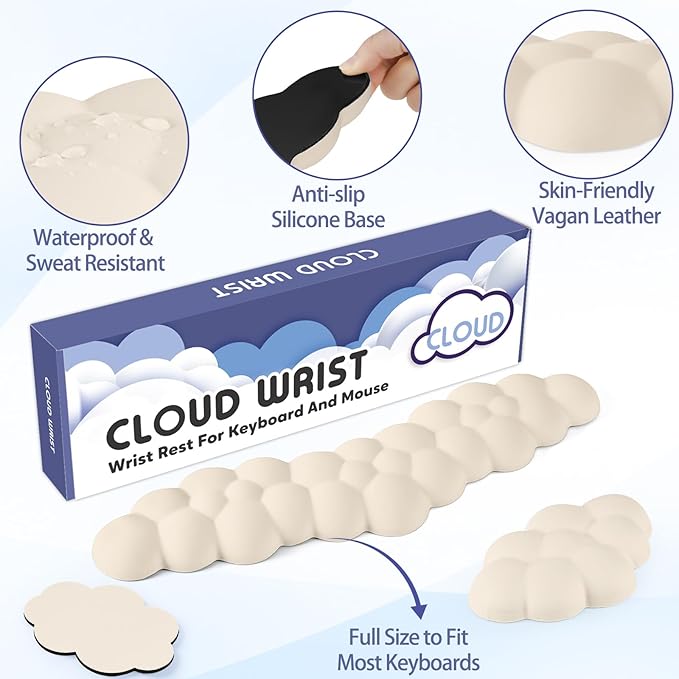 Cloud Wrist Rest for Keyboard and Mouse, Memory Foam PU Leather Keyboard Wrist Rest with Ergonomic Support, Non-Slip Base, Cute Arm Rest Pad & Palm Cushion, Office Desk Accessory, Beige