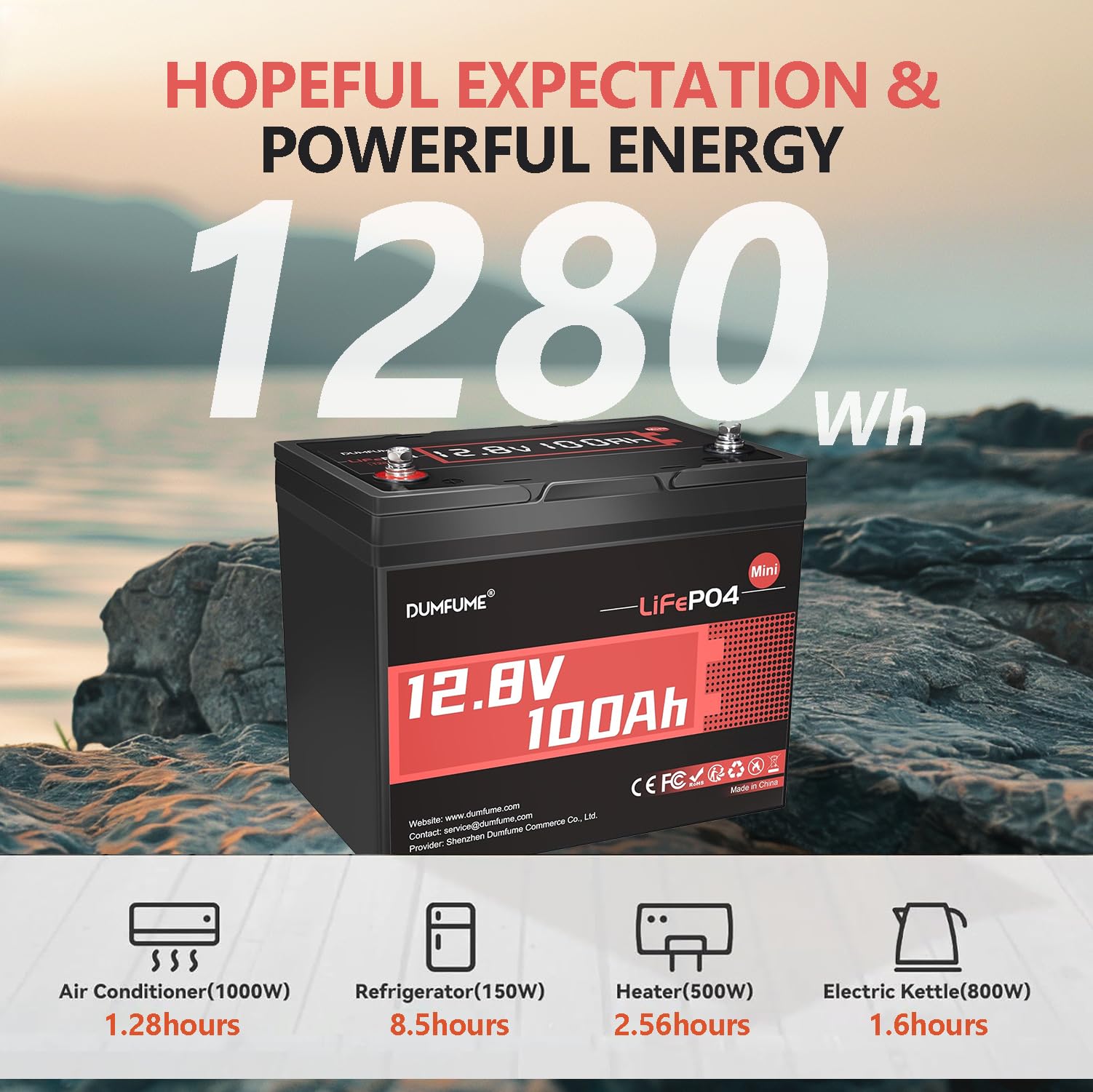 12V 100Ah Mini LiFePO4 Lithium Battery, Built-in 100A BMS