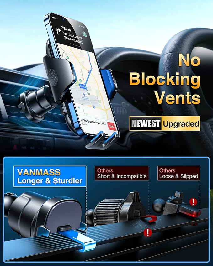 VANMASS [Longest Lasting] True Military-Grade Car Phone Holder Strongest Suction & Clip Cell Mount Dashboard Windshield Vent Automobile Cradle Truck Accessories for iPhone 16 15 Pro Max 14 13 Android