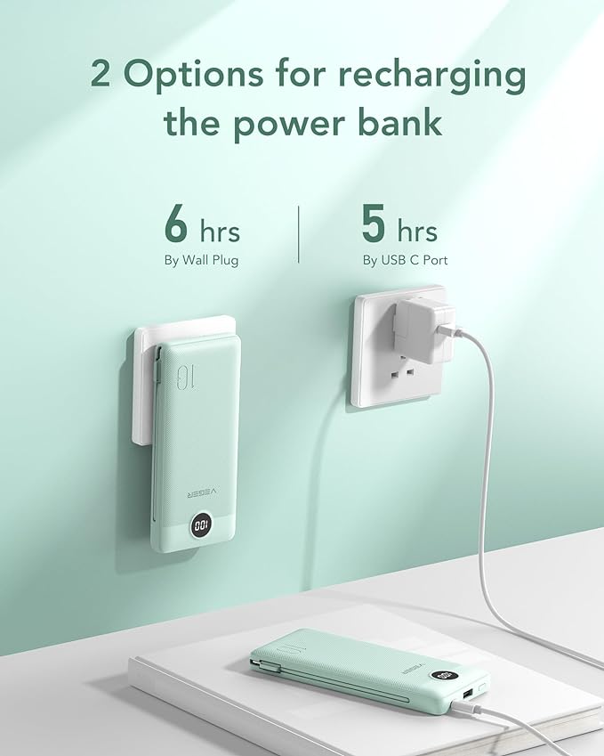 VEGER Portable Charger for iPhone with Built in Cables and Wall Plug, 10000mah Slim Fast Charging USB C Power Bank, Travel Essential Battery Pack Compatible with iPhone, iPad, Samsung etc(Green)