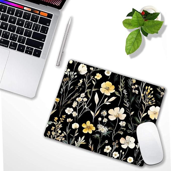 Wildflowers Aesthetic Floral Custom Mouse Pad with Non-Slip Rubber, Small Square Design for Wireless Laptop & Computer Mouse Pads for Desk, 9.5 x 7.9 inch Smooth Surface for Gaming & Office