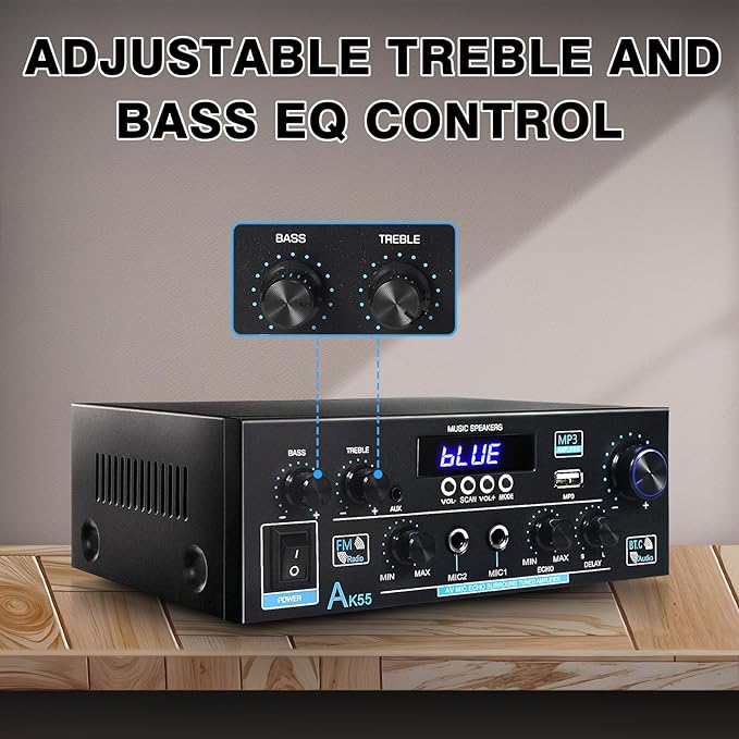 AK55 Bluetooth 5.0 Amplifier Home Audio,2.0 Channel Max 450W Power Stereo Amplifier Receiver w/USB/AUX/RCA/Opt/COA /2 MIC in for Home Theater Speakers
