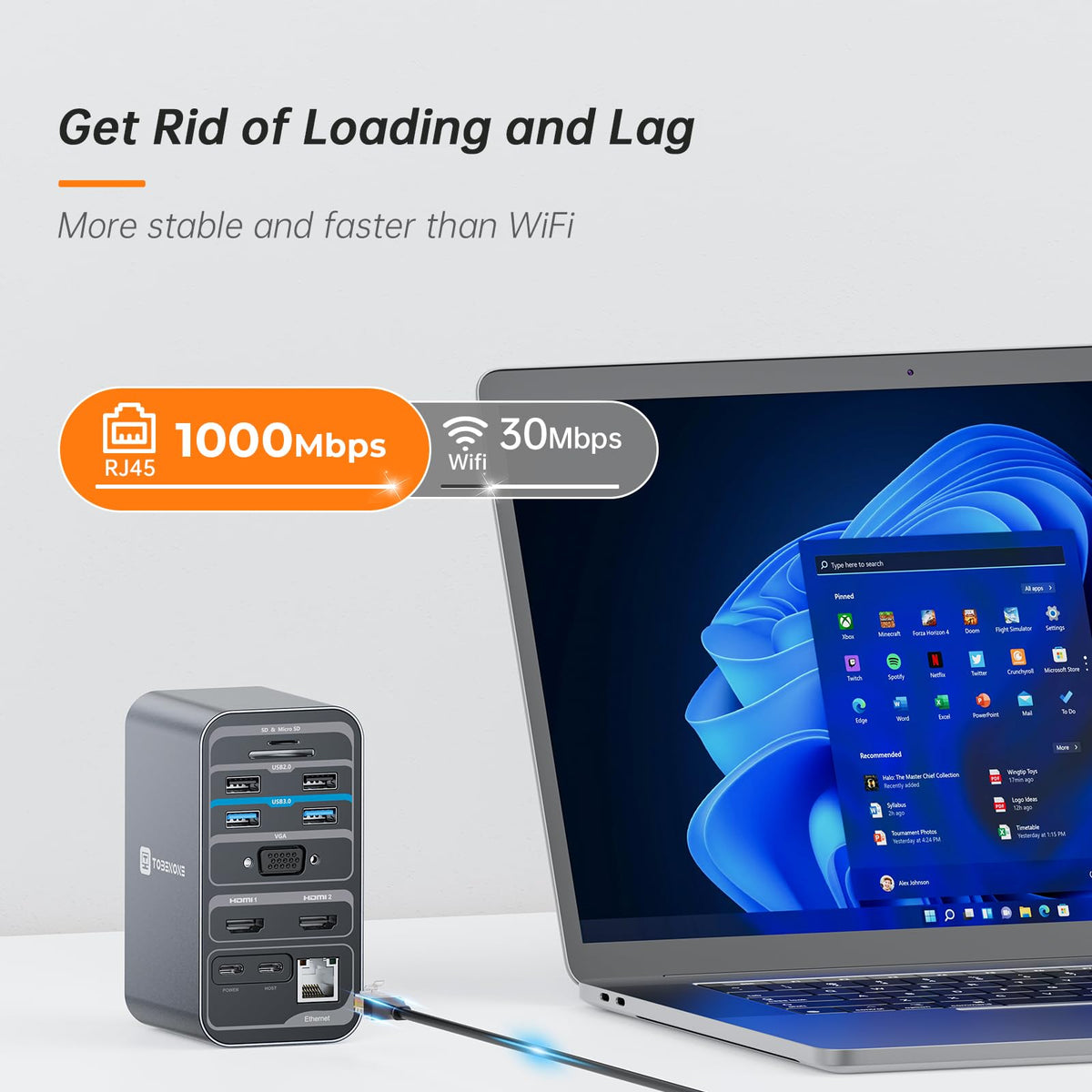 TobenONE USB C Laptop Docking Station Dual Monitor Plug and Play 7 USB Port