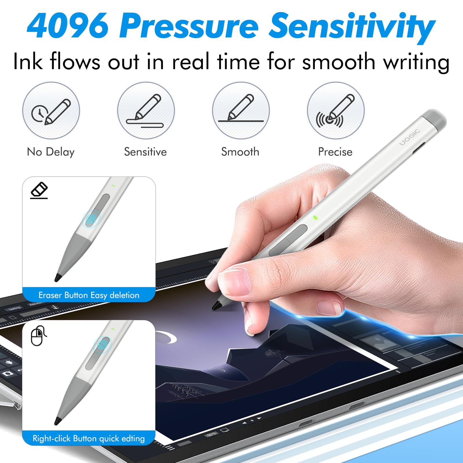 Uogic Slim Pen 2 for Surface, with 4096 Pressure, Erase & Right-Click, Palm Rejection for Surface Pro (4th/5th/6th/7th/7+/8th/9th/10th Gen), Surface Duo (1st/2nd Gen), Surface Book (1st/2nd/3rd Gen)