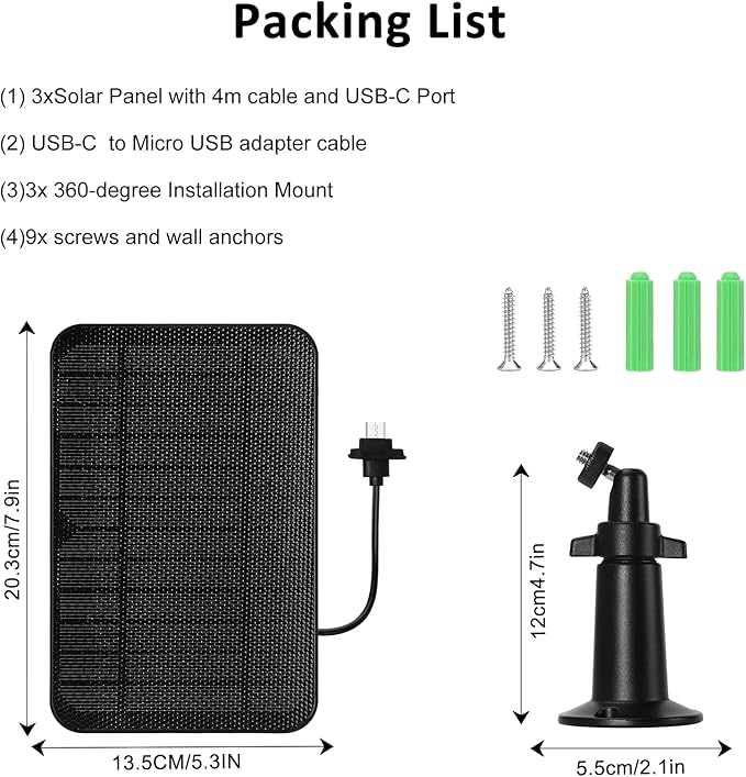 6W Solar Panel Charger for Blink Outdoor 4 (4th Gen), Solar Panel with 13.1ft Waterproof Charging Cable, Waterproof Rubber Plug, 360°Adjustable Mount and Micro USB and Type-C Port (for Blink 4-3PC)