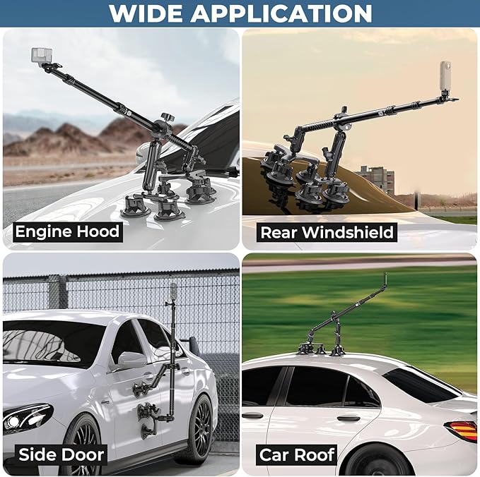 Suction Cup Car Mount - Aluminum Alloy Extendable Selfie Stick, Five 3.5" Large Suction Cup Car Windshield Camera Mount with Tripod Adapter Compatible with GoPro Insta360 DJI Action Cameras