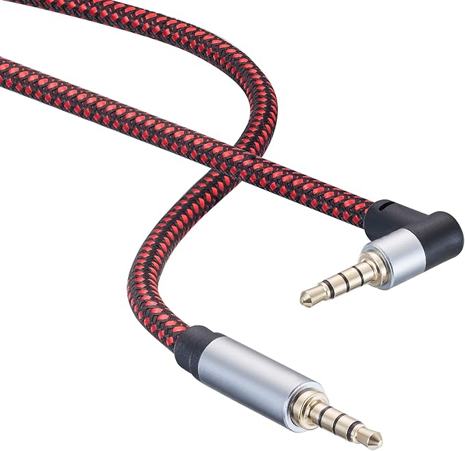 Male to Male Audio Cable 20Ft, 90 Degree TRRS 3.5mm 4 Pole Nylon Braided Stereo Aux Cable for Headphones, PS4, Phone, Tablets, Headset, PC, Laptop and More (20Ft)