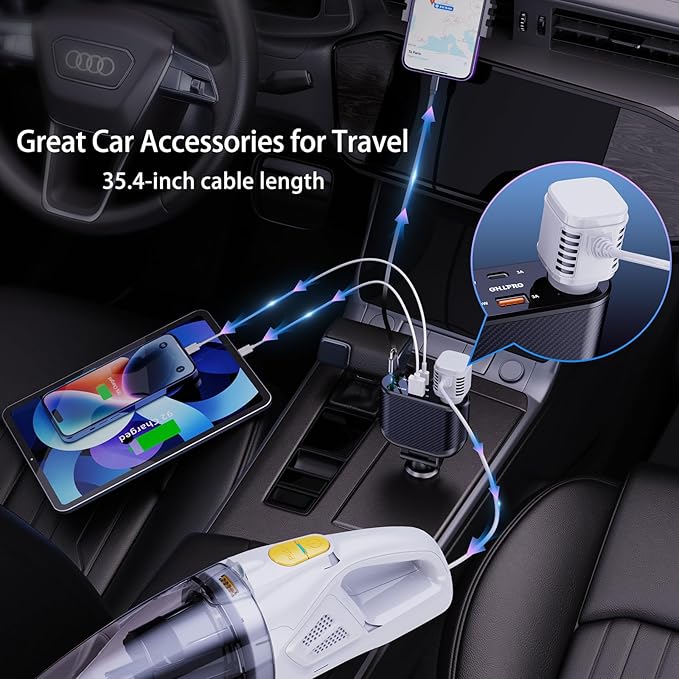 OHLPRO Retractable Car Charger Cigarette Lighter Adapter, 168W 5 in 1 Fast Phone Charging Built-in Replaceable Fuse, Socket Splitter with Dual USB-C Cords, Fit for Phone, iPad, Galaxy, GPS